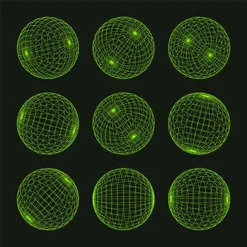 Wireframe shapes, lined sphere. Perspective mesh, 3d grid. Low poly geometric Stock Illustration