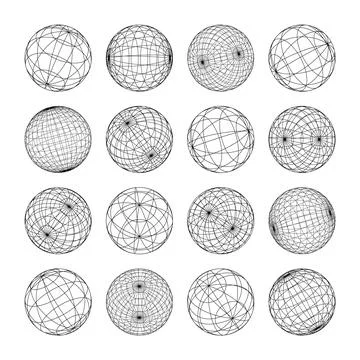 Wireframe shapes, lined sphere. Perspective mesh, 3d grid. Low poly geometric Stock Illustration