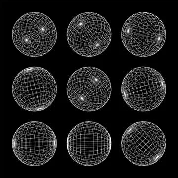 Wireframe shapes, lined sphere. Perspective mesh, 3d grid. Low poly geometric Stock Illustration