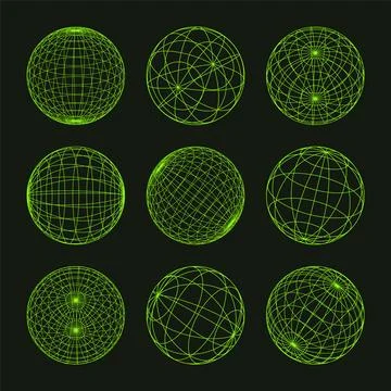Wireframe shapes, lined sphere. Perspective mesh, 3d grid. Low poly geometric Stock Illustration
