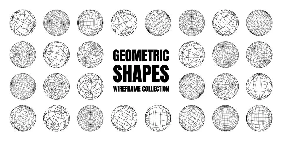 Wireframe shapes, lined sphere. Perspective mesh, 3d grid. Low poly geometric Illustrazione stock