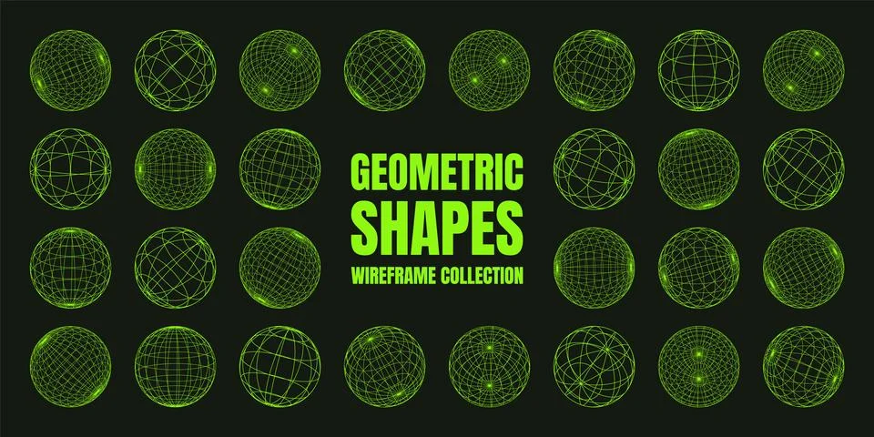 Wireframe shapes, lined sphere. Perspective mesh, 3d grid. Low poly geometric Stock Illustration