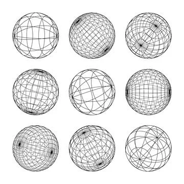 Wireframe shapes, lined sphere. Perspective mesh, 3d grid. Low poly geometric Stock Illustration