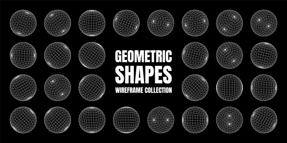Wireframe shapes, lined sphere. Perspective mesh, 3d grid. Low poly geometric Stock Illustration