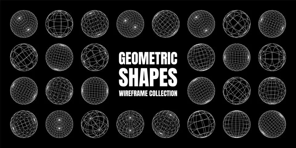 Wireframe shapes, lined sphere. Perspective mesh, 3d grid. Low poly geometric Stock Illustration