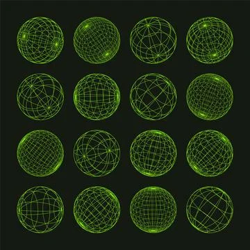 Wireframe shapes, lined sphere. Perspective mesh, 3d grid. Low poly geometric Stock Illustration