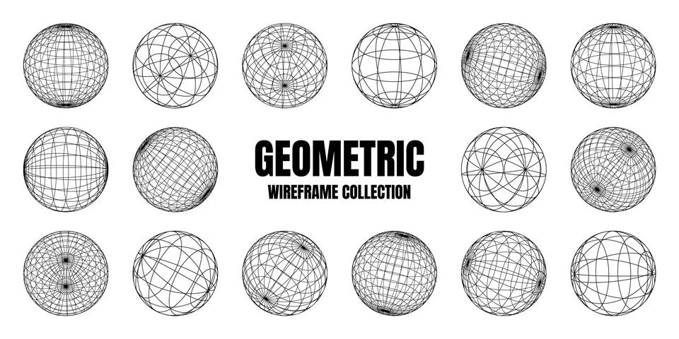 Wireframe shapes, lined sphere. Perspective mesh, 3d grid. Low poly geometric Stock Illustration