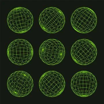 Wireframe shapes, lined sphere. Perspective mesh, 3d grid. Low poly geometric Stock Illustration