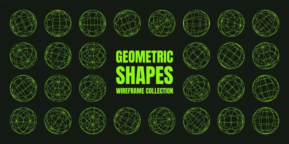 Wireframe shapes, lined sphere. Perspective mesh, 3d grid. Low poly geometric Stock-Illustration