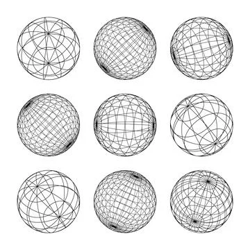 Wireframe shapes, lined sphere. Perspective mesh, 3d grid. Low poly geometric Stock Illustration