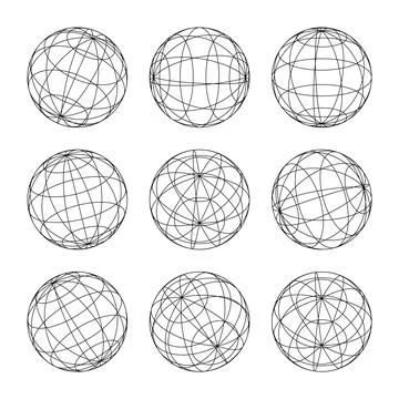 Wireframe shapes, lined sphere. Perspective mesh, 3d grid. Low poly geometric Stock Illustration