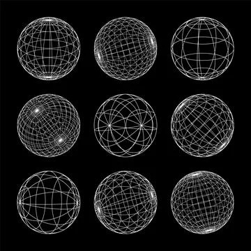 Wireframe shapes, lined sphere. Perspective mesh, 3d grid. Low poly geometric Illustrazione stock