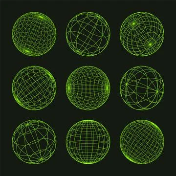 Wireframe shapes, lined sphere. Perspective mesh, 3d grid. Low poly geometric Illustrazione stock
