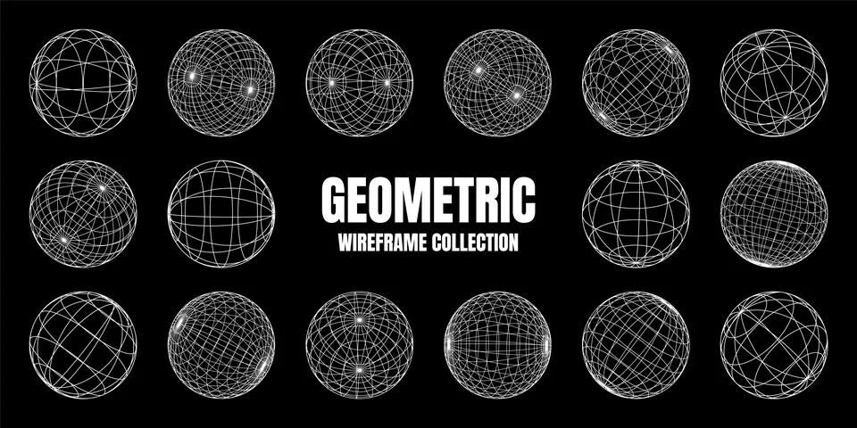 Wireframe shapes, lined sphere. Perspective mesh, 3d grid. Low poly geometric Stock Illustration