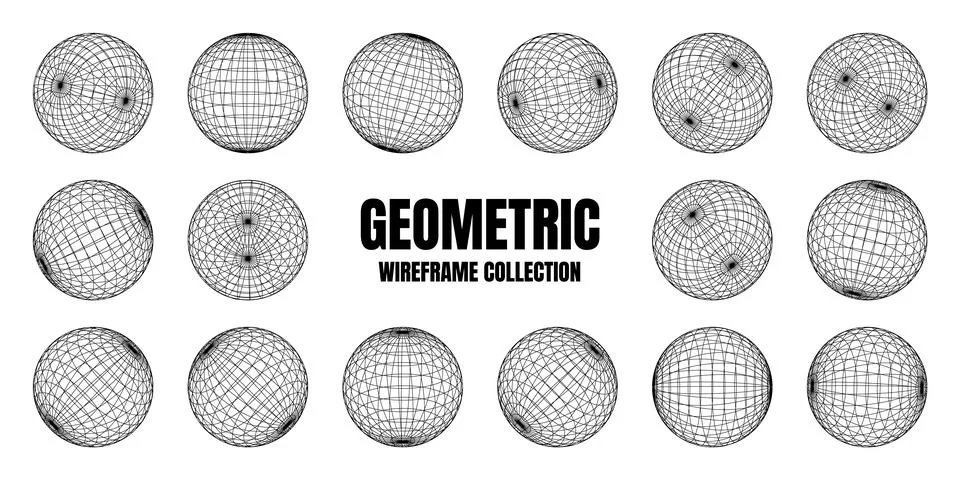 Wireframe shapes, lined sphere. Perspective mesh, 3d grid. Low poly geometric Illustrazione stock