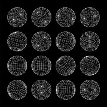 Wireframe shapes, lined sphere. Perspective mesh, 3d grid. Low poly geometric Illustrazione stock