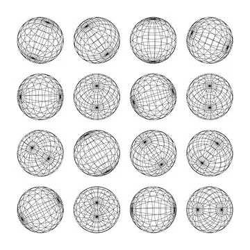 Wireframe shapes, lined sphere. Perspective mesh, 3d grid. Low poly geometric Stock Illustration