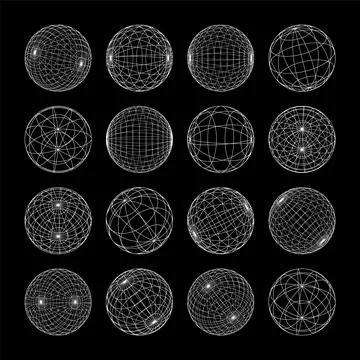 Wireframe shapes, lined sphere. Perspective mesh, 3d grid. Low poly geometric Stock Illustration