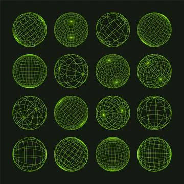 Wireframe shapes, lined sphere. Perspective mesh, 3d grid. Low poly geometric Stock Illustration