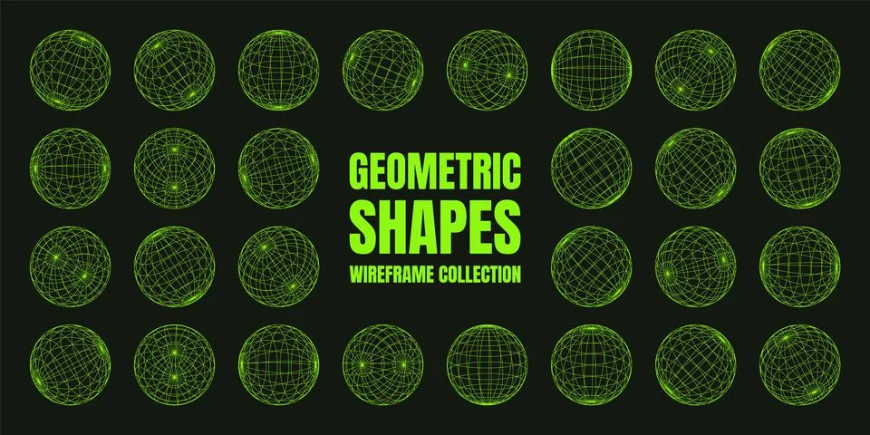 Wireframe shapes, lined sphere. Perspective mesh, 3d grid. Low poly geometric Stock Illustration