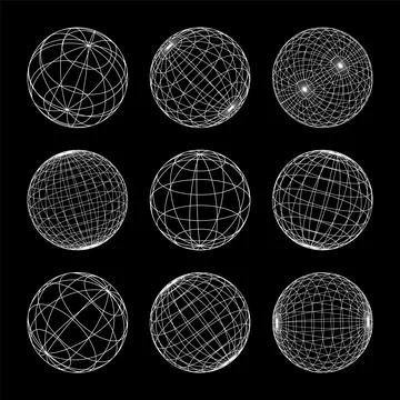 Wireframe shapes, lined sphere. Perspective mesh, 3d grid. Low poly geometric Stock Illustration