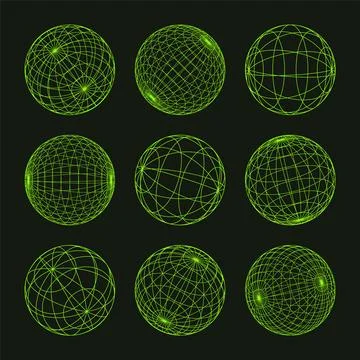 Wireframe shapes, lined sphere. Perspective mesh, 3d grid. Low poly geometric Stock Illustration