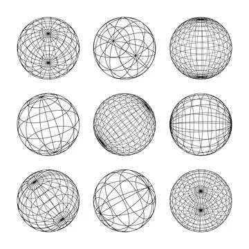 Wireframe shapes, lined sphere. Perspective mesh, 3d grid. Low poly geometric Stock Illustration