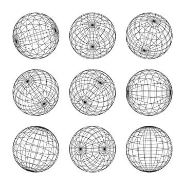 Wireframe shapes, lined sphere. Perspective mesh, 3d grid. Low poly geometric Illustrazione stock