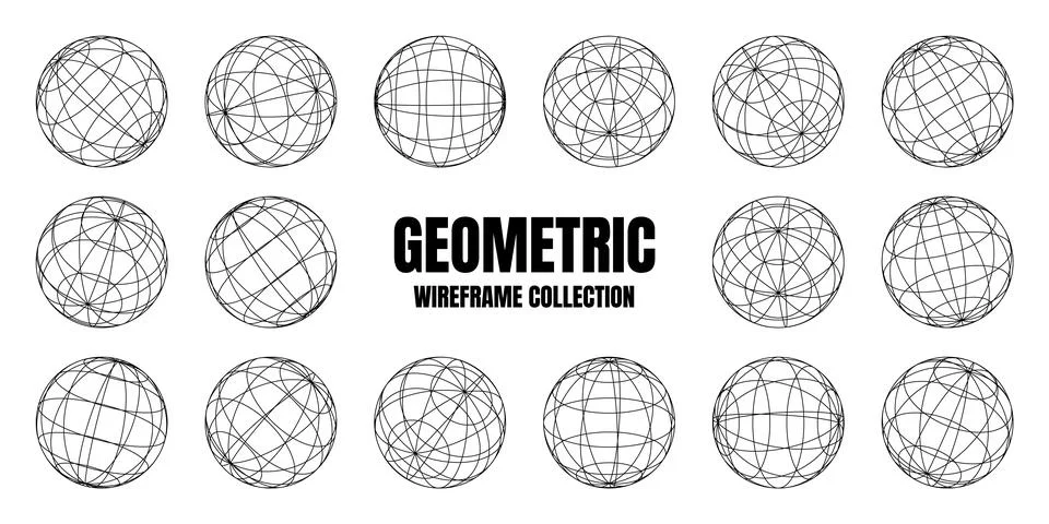 Wireframe shapes, lined sphere. Perspective mesh, 3d grid. Low poly geometric Stock Illustration