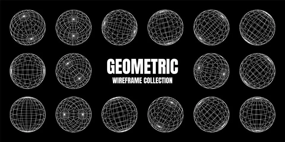 Wireframe shapes, lined sphere. Perspective mesh, 3d grid. Low poly geometric Illustrazione stock