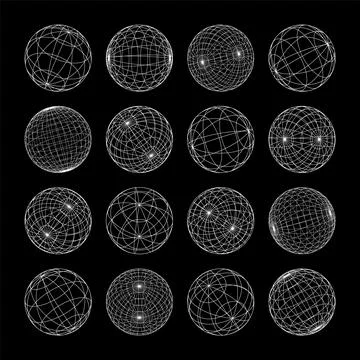 Wireframe shapes, lined sphere. Perspective mesh, 3d grid. Low poly geometric Illustrazione stock