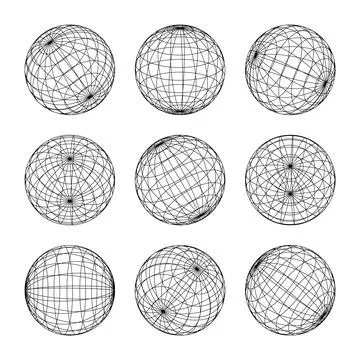Wireframe shapes, lined sphere. Perspective mesh, 3d grid. Low poly geometric Stock Illustration