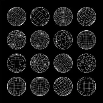Wireframe shapes, lined sphere. Perspective mesh, 3d grid. Low poly geometric Illustrazione stock