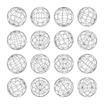 Wireframe shapes, lined sphere. Perspective mesh, 3d grid. Low poly geometric Stock Illustration