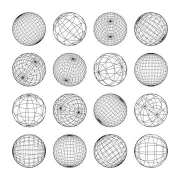 Wireframe shapes, lined sphere. Perspective mesh, 3d grid. Low poly geometric Stock Illustration