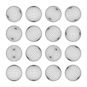 Wireframe shapes, lined sphere. Perspective mesh, 3d grid. Low poly geometric Stock-Illustration
