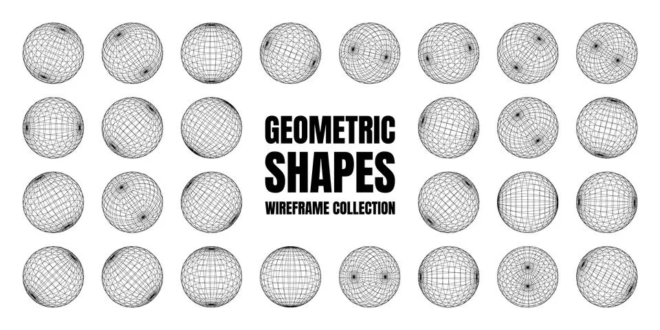 Wireframe shapes, lined sphere. Perspective mesh, 3d grid. Low poly geometric Stock Illustration