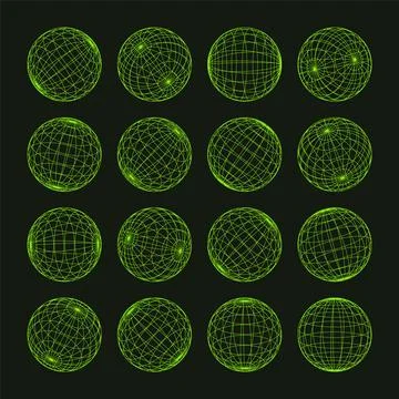 Wireframe shapes, lined sphere. Perspective mesh, 3d grid. Low poly geometric Stock Illustration
