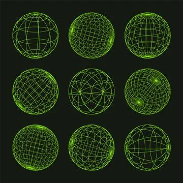 Wireframe shapes, lined sphere. Perspective mesh, 3d grid. Low poly geometric Stock Illustration