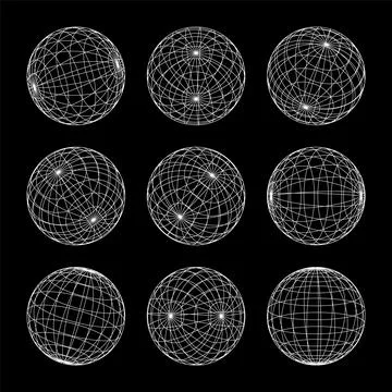 Wireframe shapes, lined sphere. Perspective mesh, 3d grid. Low poly geometric Stock Illustration