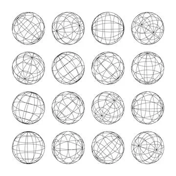 Wireframe shapes, lined sphere. Perspective mesh, 3d grid. Low poly geometric Stock Illustration