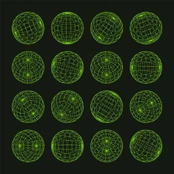 Wireframe shapes, lined sphere. Perspective mesh, 3d grid. Low poly geometric Illustrazione stock