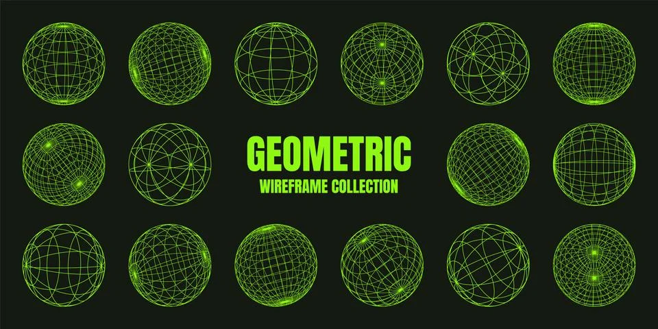 Wireframe shapes, lined sphere. Perspective mesh, 3d grid. Low poly geometric 스톡 일러스트