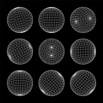 Wireframe shapes, lined sphere. Perspective mesh, 3d grid. Low poly geometric Illustrazione stock