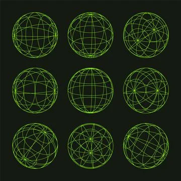 Wireframe shapes, lined sphere. Perspective mesh, 3d grid. Low poly geometric Stock Illustration
