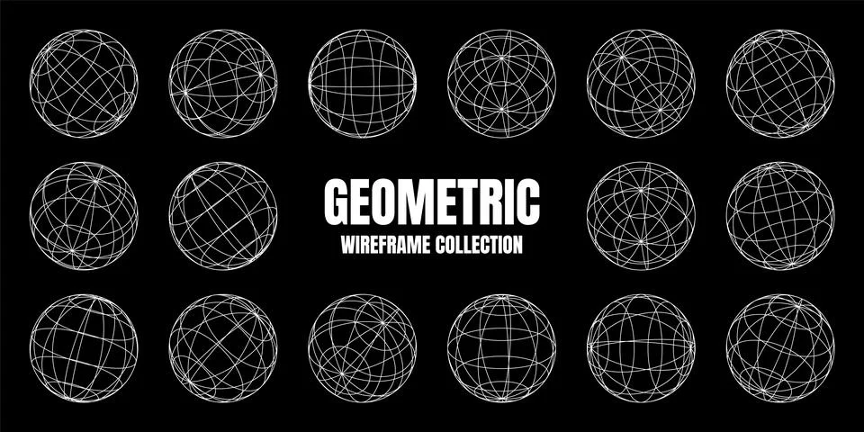 Wireframe shapes, lined sphere. Perspective mesh, 3d grid. Low poly geometric 스톡 일러스트