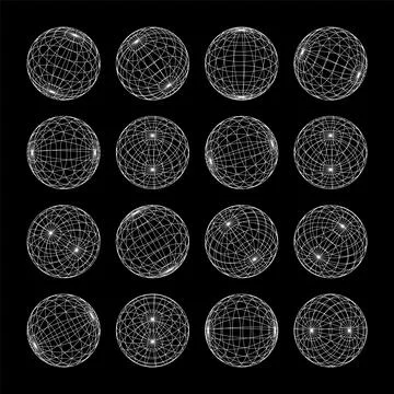 Wireframe shapes, lined sphere. Perspective mesh, 3d grid. Low poly geometric Stock Illustration