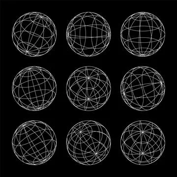 Wireframe shapes, lined sphere. Perspective mesh, 3d grid. Low poly geometric Stock Illustration