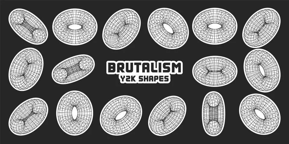 Wireframe shapes, lined torus. Perspective mesh, 3d grid. Modern trendy low poly Stock Illustration