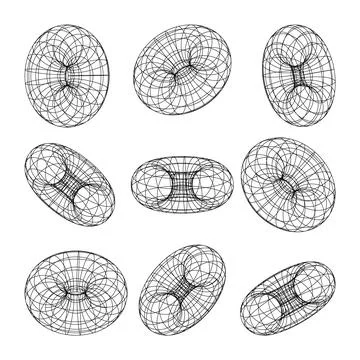 Wireframe shapes, lined torus. Perspective mesh, 3d grid. Low poly geometric 스톡 일러스트